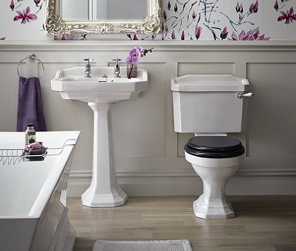 Granley Basin and Pedestal with orchid wallpaper