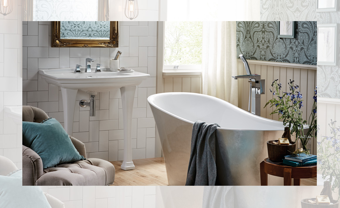 The Blenheim collection featuring the console basin and Holywell metallic effect bath in steel