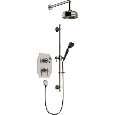 Glastonbury Recessed Thermostatic Dual Control Shower Valve with Premium Fixed Head and Flexible Riser Kits Brushed Nickel